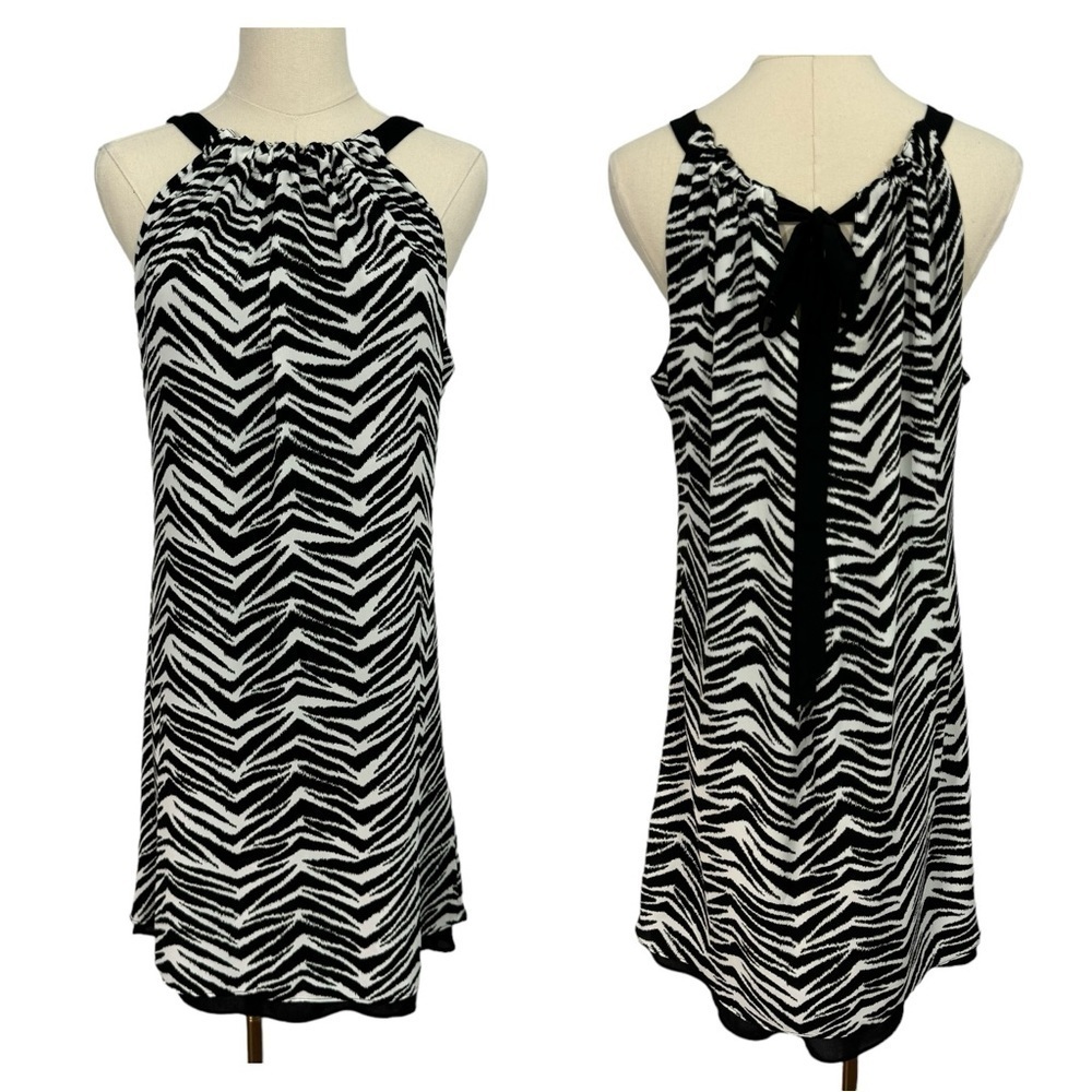 WHBC Animal Print Cocktail Dress Sz 8P Black White Zebra Halter Party Sexy EUC